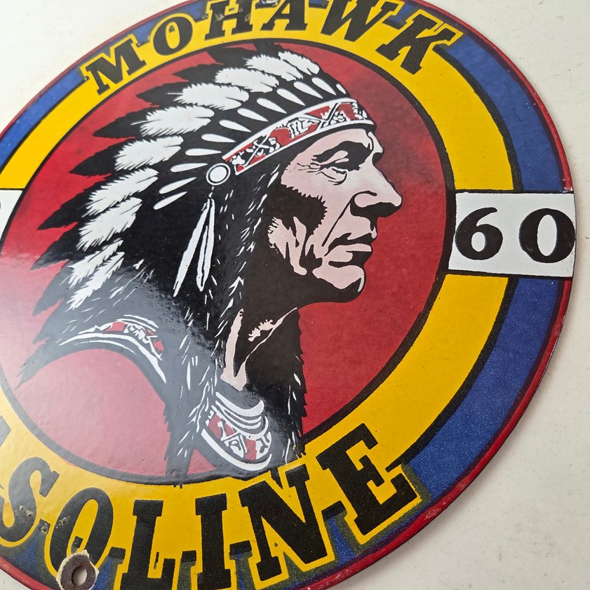 Vintage Mohawk Gasoline Sign - Gas Porcelain Service Native American Indian Sign - Image 5