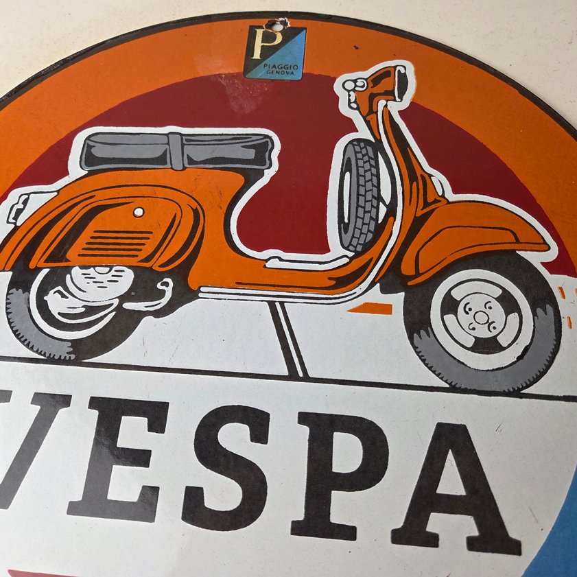 Vintage Vespa Sign - Gas Bike Motorcycle Pump Service Porcelain Sign - Image 2