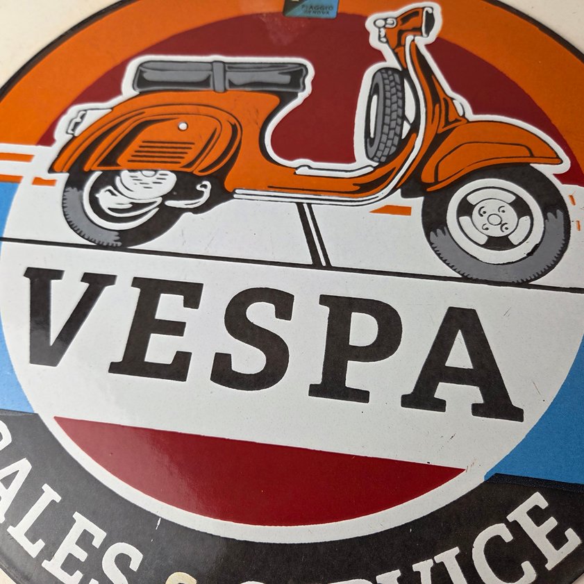 Vintage Vespa Sign - Gas Bike Motorcycle Pump Service Porcelain Sign - Image 3