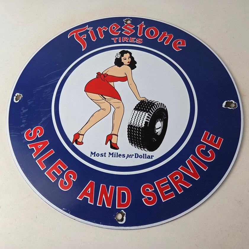 Vintage Firestone Tires Sign - Auto Tyres Sales Service Gas Pump Porcelain Sign - Image 14