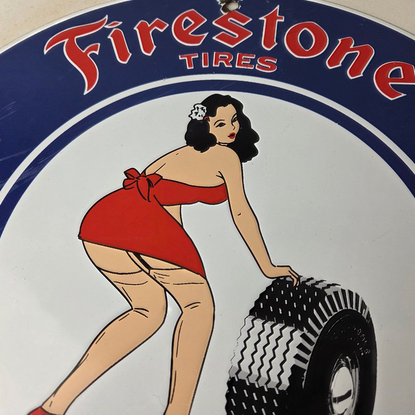Vintage Firestone Tires Sign - Auto Tyres Sales Service Gas Pump Porcelain Sign - Image 2
