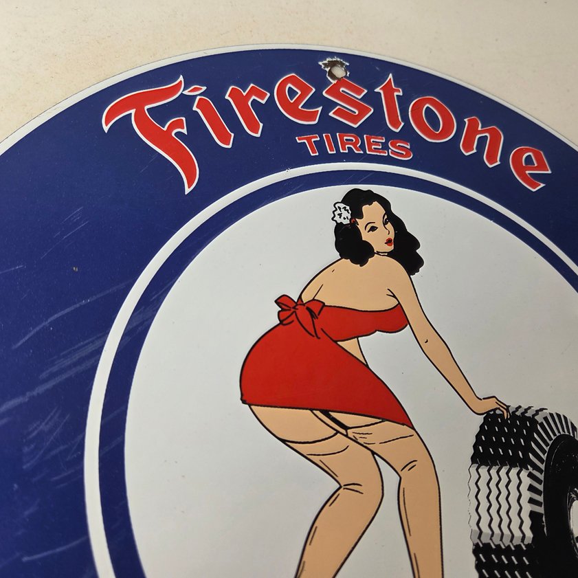 Vintage Firestone Tires Sign - Auto Tyres Sales Service Gas Pump Porcelain Sign - Image 4