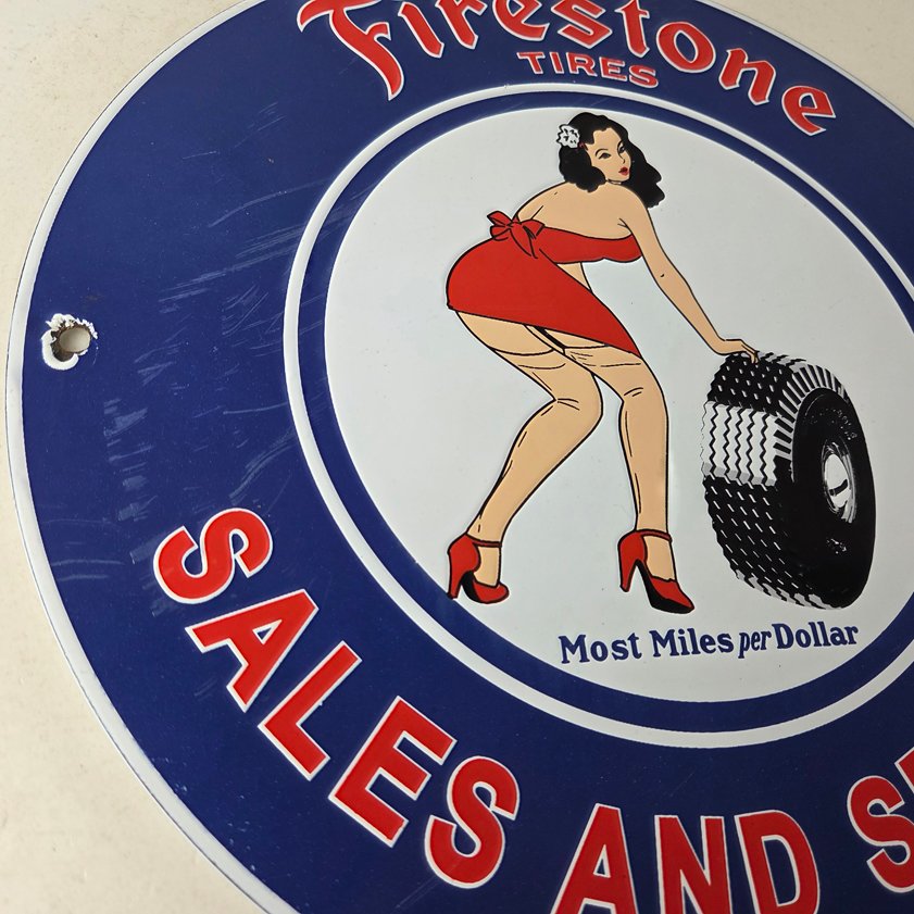 Vintage Firestone Tires Sign - Auto Tyres Sales Service Gas Pump Porcelain Sign - Image 5