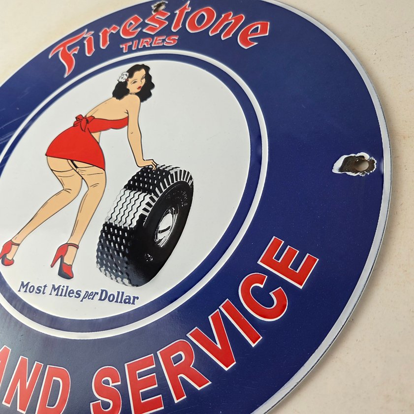 Vintage Firestone Tires Sign - Auto Tyres Sales Service Gas Pump Porcelain Sign - Image 12