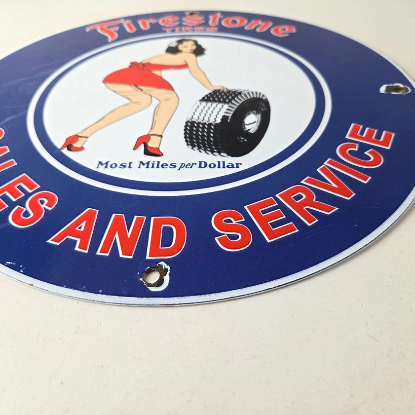 Vintage Firestone Tires Sign - Auto Tyres Sales Service Gas Pump Porcelain Sign - Image 9