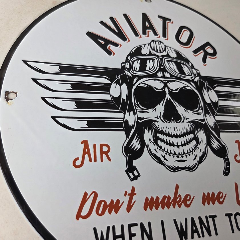 Vintage Air Ace Sign - Fly Aviation Aviator Skull Service Gas Porcelain Sign - Image 9