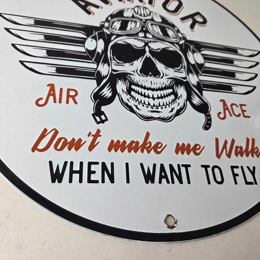 Vintage Air Ace Sign - Fly Aviation Aviator Skull Service Gas Porcelain Sign - Image 10