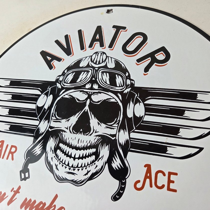 Vintage Air Ace Sign - Fly Aviation Aviator Skull Service Gas Porcelain Sign - Image 11