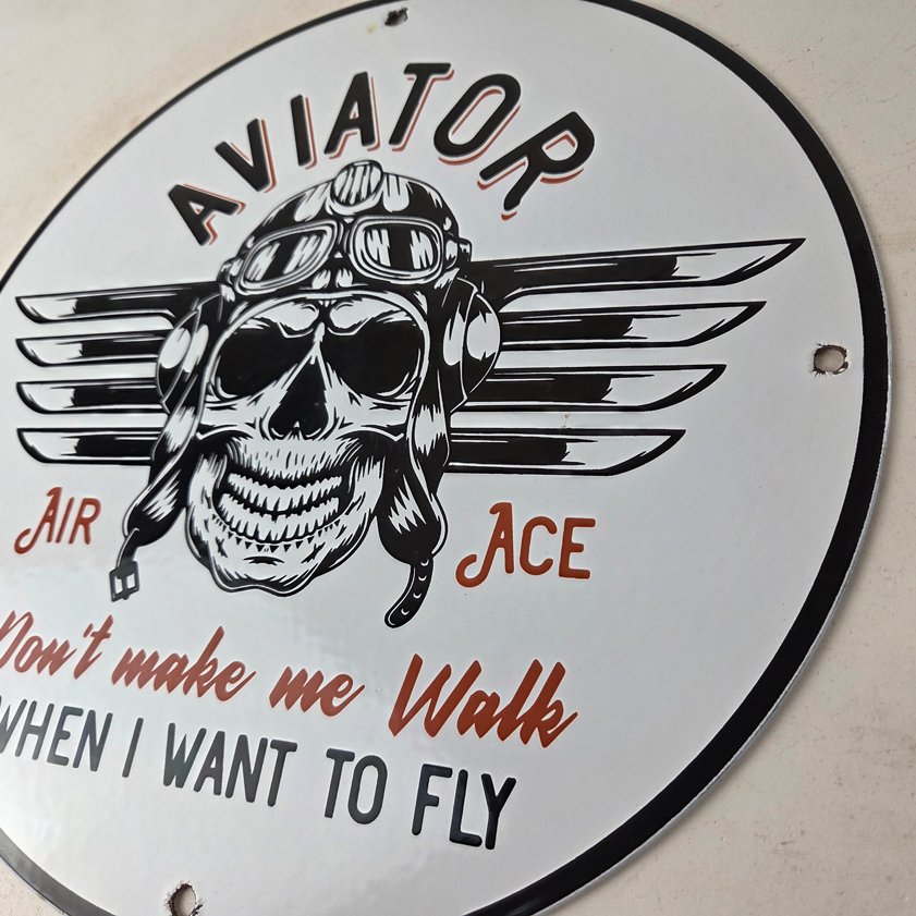 Vintage Air Ace Sign - Fly Aviation Aviator Skull Service Gas Porcelain Sign - Image 12