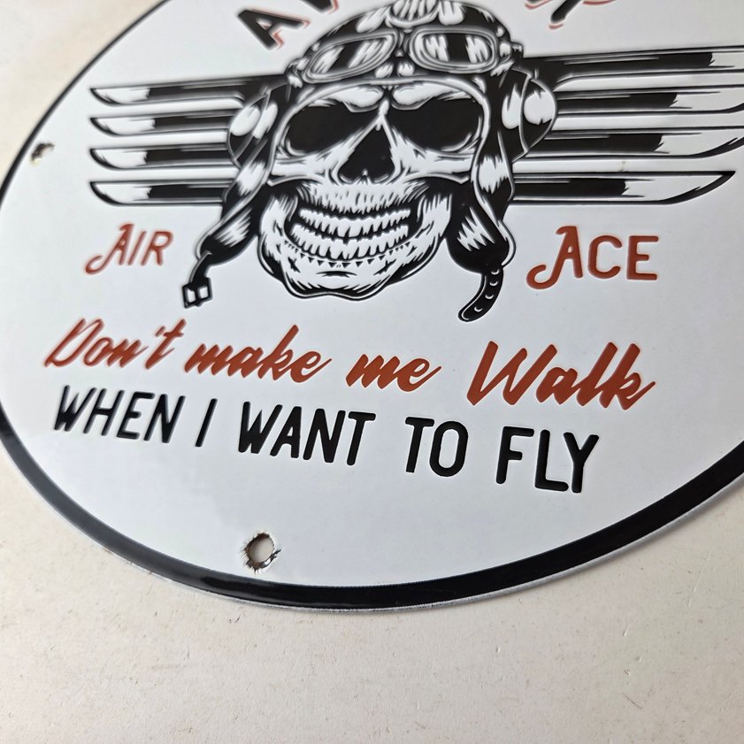 Vintage Air Ace Sign - Fly Aviation Aviator Skull Service Gas Porcelain Sign - Image 13