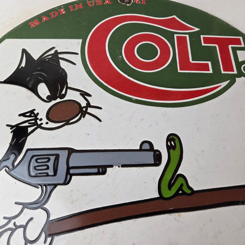 Vintage Colt Firearms Sign - Cat Revolver Gun Shop Ammo Porcelain Gas Pump Sign - Image 2