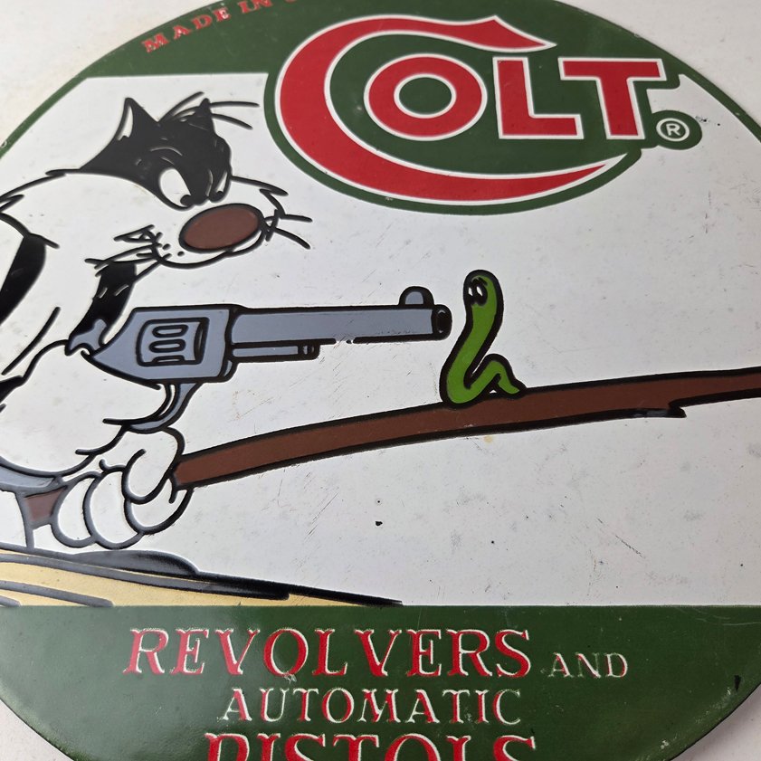 Vintage Colt Firearms Sign - Cat Revolver Gun Shop Ammo Porcelain Gas Pump Sign - Image 3