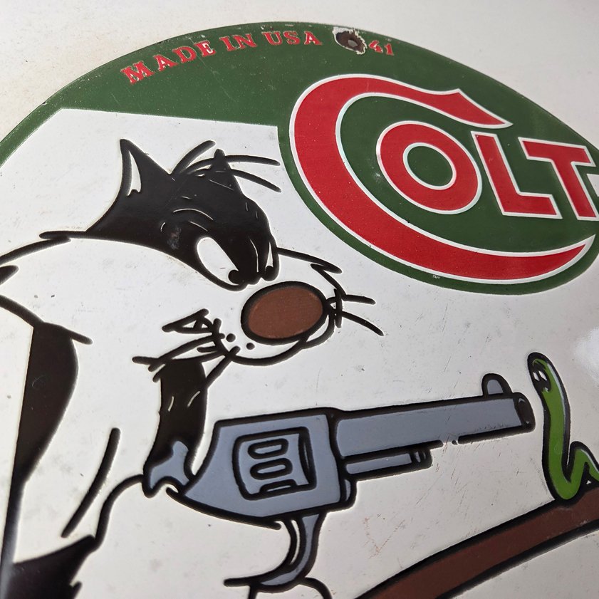 Vintage Colt Firearms Sign - Cat Revolver Gun Shop Ammo Porcelain Gas Pump Sign - Image 4
