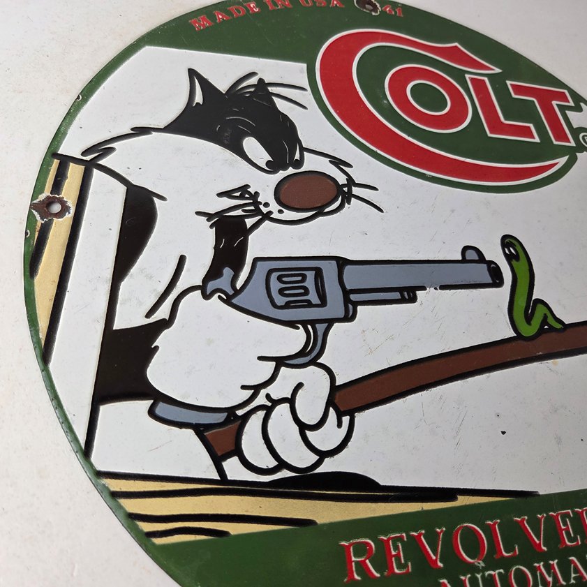 Vintage Colt Firearms Sign - Cat Revolver Gun Shop Ammo Porcelain Gas Pump Sign - Image 5