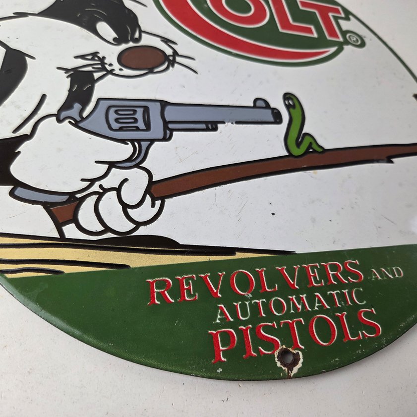Vintage Colt Firearms Sign - Cat Revolver Gun Shop Ammo Porcelain Gas Pump Sign - Image 10