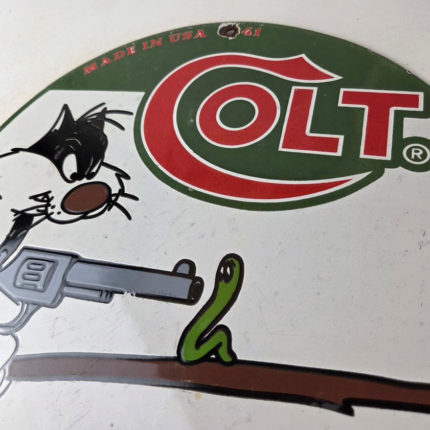 Vintage Colt Firearms Sign - Cat Revolver Gun Shop Ammo Porcelain Gas Pump Sign - Image 11