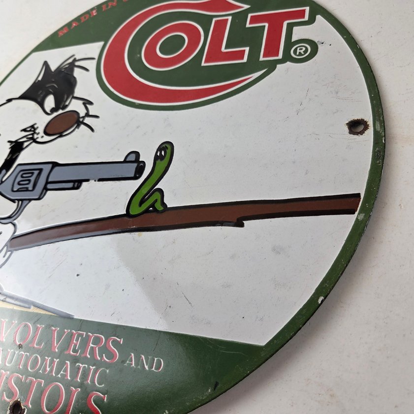Vintage Colt Firearms Sign - Cat Revolver Gun Shop Ammo Porcelain Gas Pump Sign - Image 12