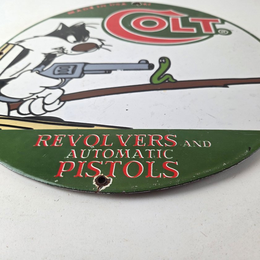 Vintage Colt Firearms Sign - Cat Revolver Gun Shop Ammo Porcelain Gas Pump Sign - Image 9