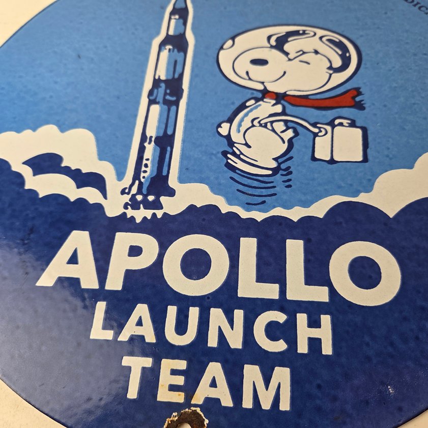 Vintage NASA Apollo Sign - Space Shuttle Snoopy Astronaut Porcelain Gas Sign - Image 3