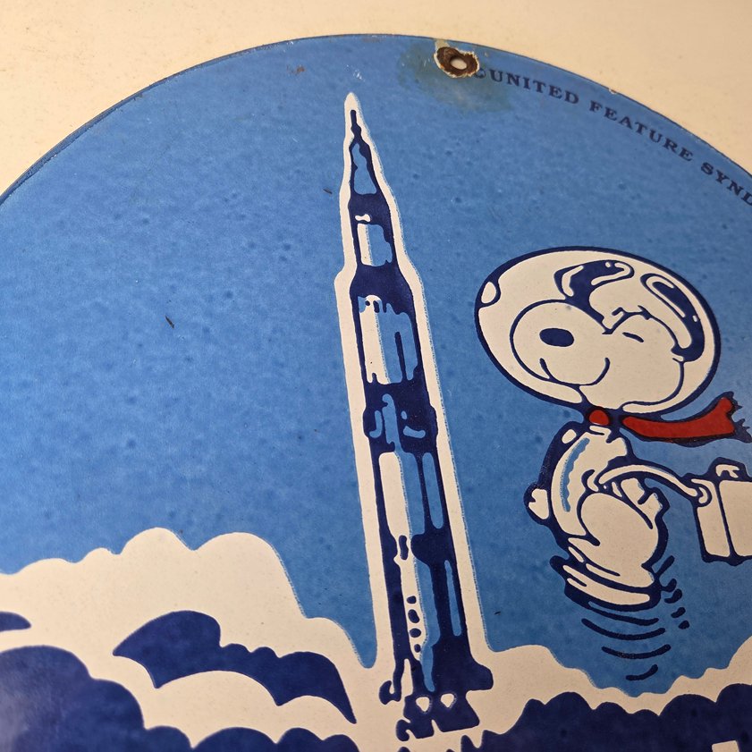 Vintage NASA Apollo Sign - Space Shuttle Snoopy Astronaut Porcelain Gas Sign - Image 4