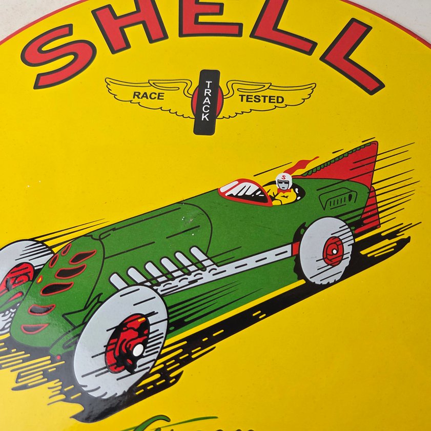 Vintage Shell Gasoline Sign - Green Streak Gas Pump Race Car Porcelain Sign - Image 2