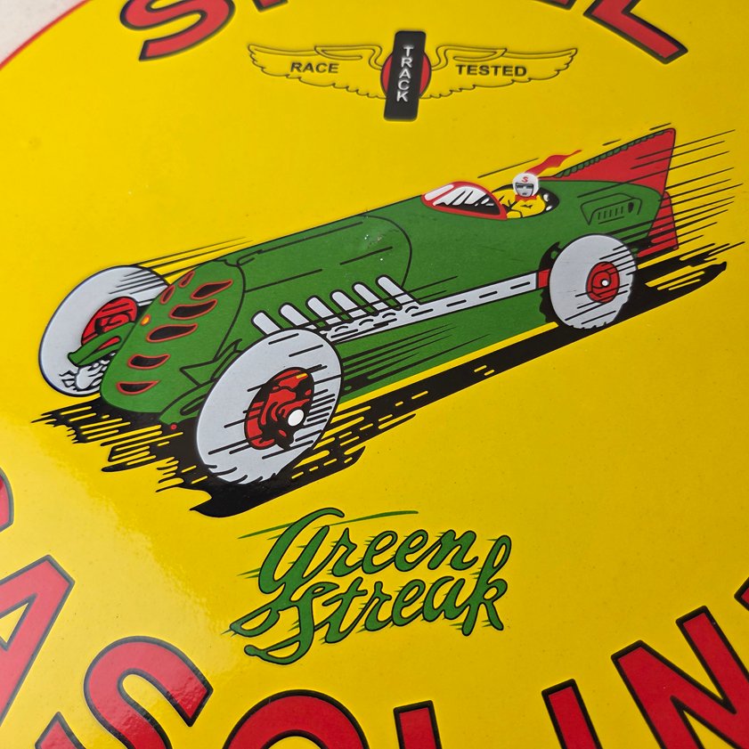 Vintage Shell Gasoline Sign - Green Streak Gas Pump Race Car Porcelain Sign - Image 3