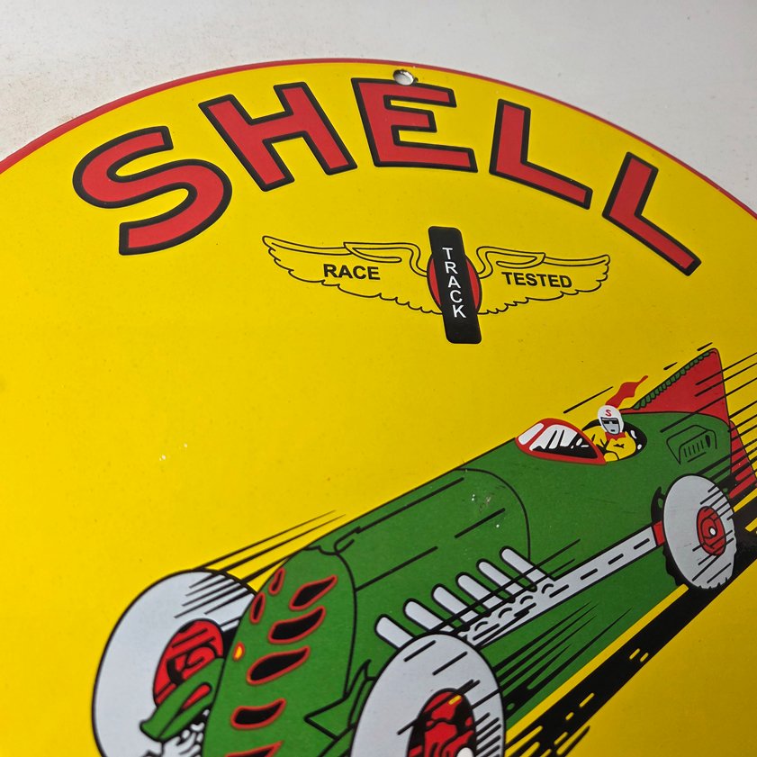 Vintage Shell Gasoline Sign - Green Streak Gas Pump Race Car Porcelain Sign - Image 4