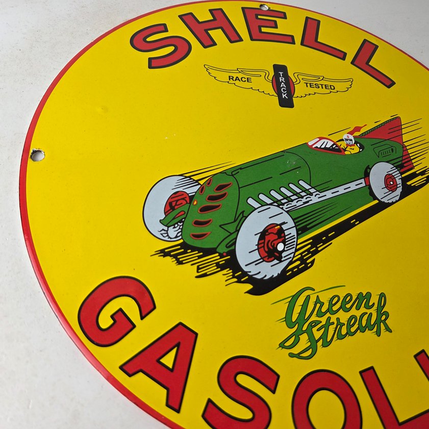Vintage Shell Gasoline Sign - Green Streak Gas Pump Race Car Porcelain Sign - Image 5