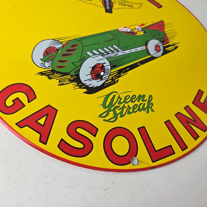 Vintage Shell Gasoline Sign - Green Streak Gas Pump Race Car Porcelain Sign - Image 6