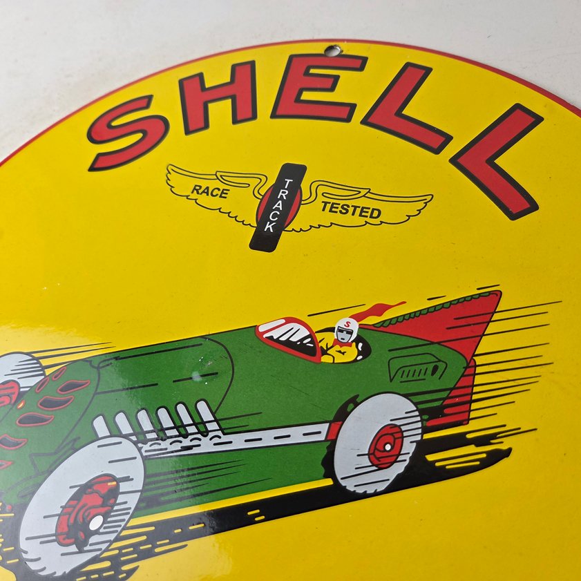 Vintage Shell Gasoline Sign - Green Streak Gas Pump Race Car Porcelain Sign - Image 11