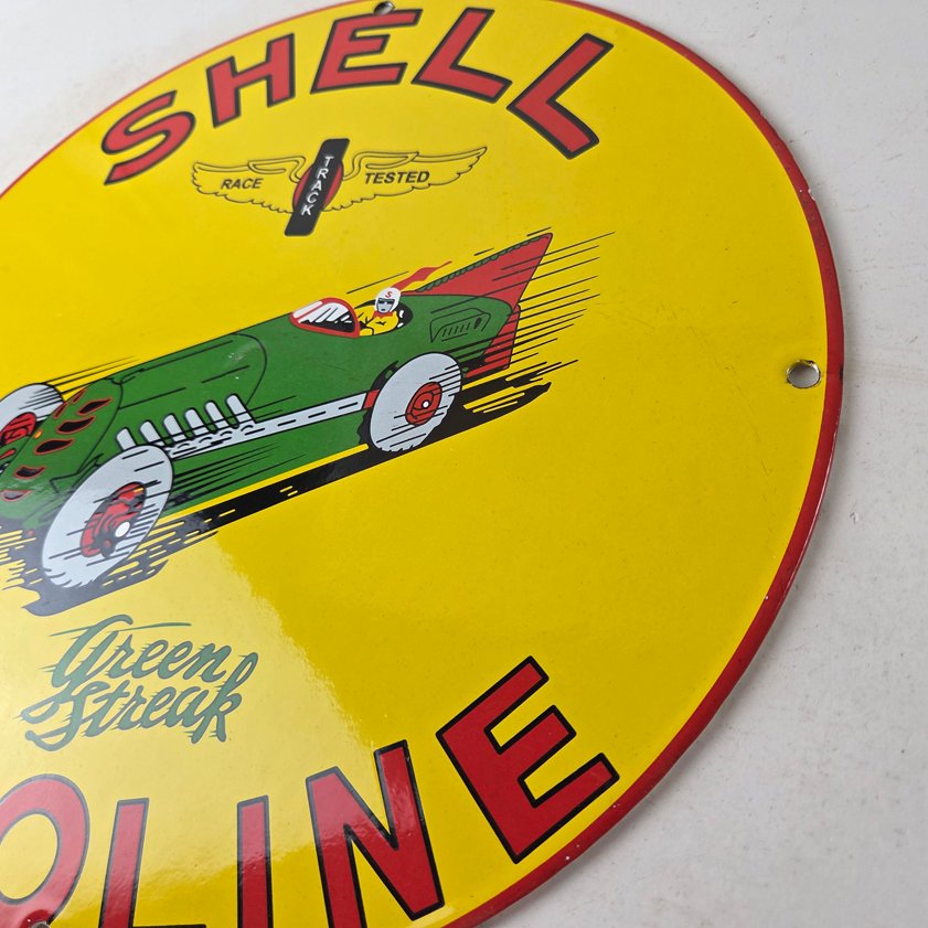 Vintage Shell Gasoline Sign - Green Streak Gas Pump Race Car Porcelain Sign - Image 12