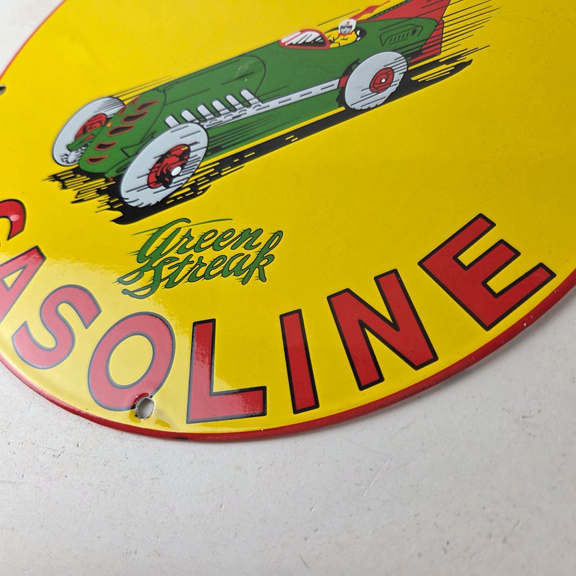Vintage Shell Gasoline Sign - Green Streak Gas Pump Race Car Porcelain Sign - Image 13
