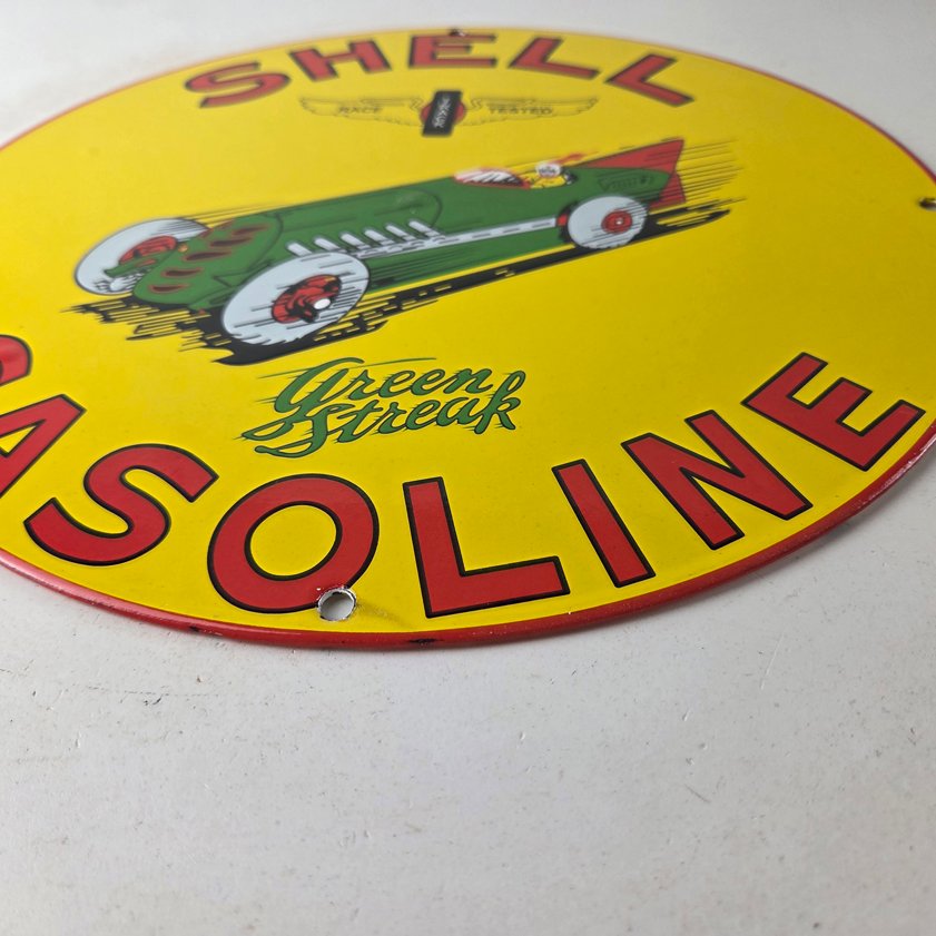 Vintage Shell Gasoline Sign - Green Streak Gas Pump Race Car Porcelain Sign - Image 10