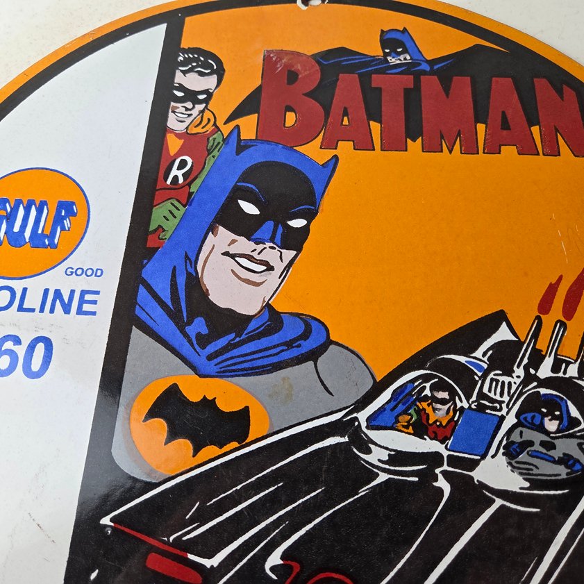 Vintage Gulf Gasoline Sign - Batman Robin Porcelain Gas Pump Sign - Image 2