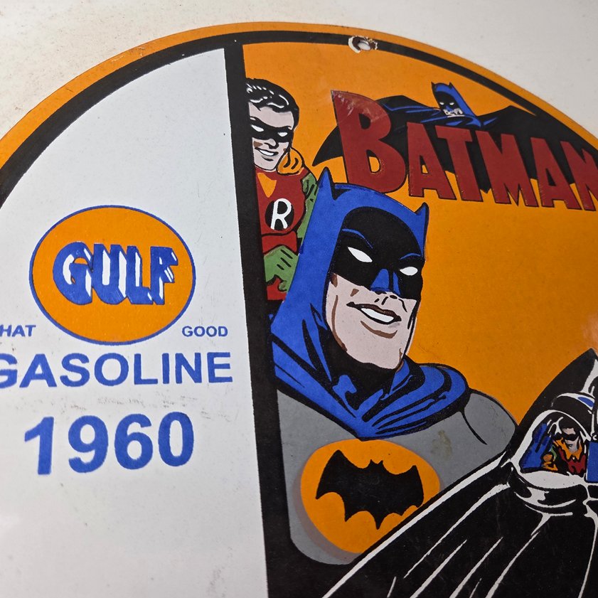 Vintage Gulf Gasoline Sign - Batman Robin Porcelain Gas Pump Sign - Image 4