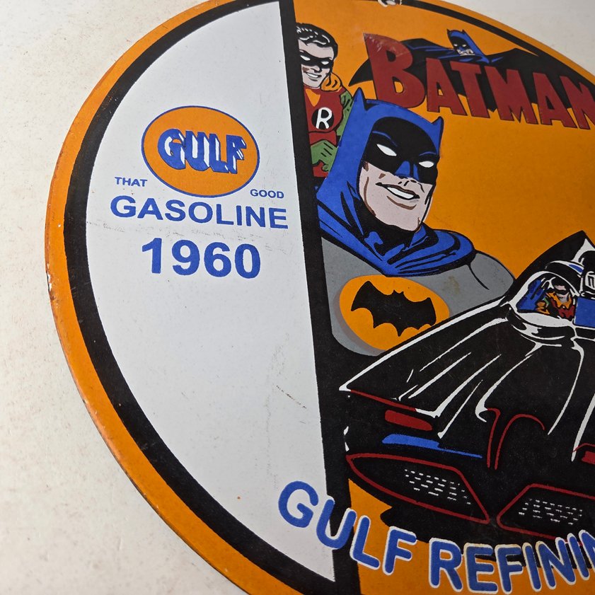 Vintage Gulf Gasoline Sign - Batman Robin Porcelain Gas Pump Sign - Image 5