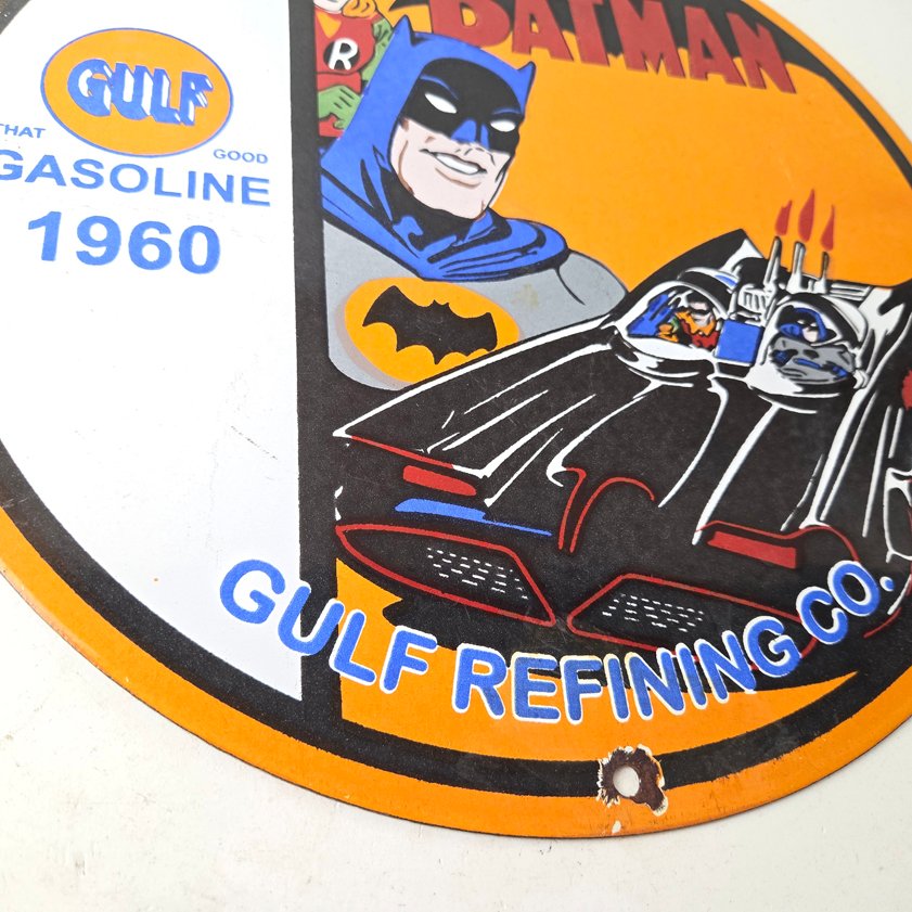 Vintage Gulf Gasoline Sign - Batman Robin Porcelain Gas Pump Sign - Image 10