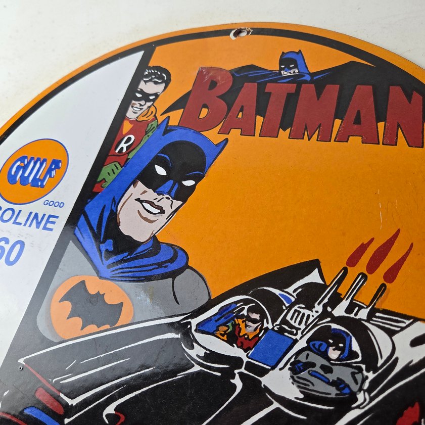 Vintage Gulf Gasoline Sign - Batman Robin Porcelain Gas Pump Sign - Image 11