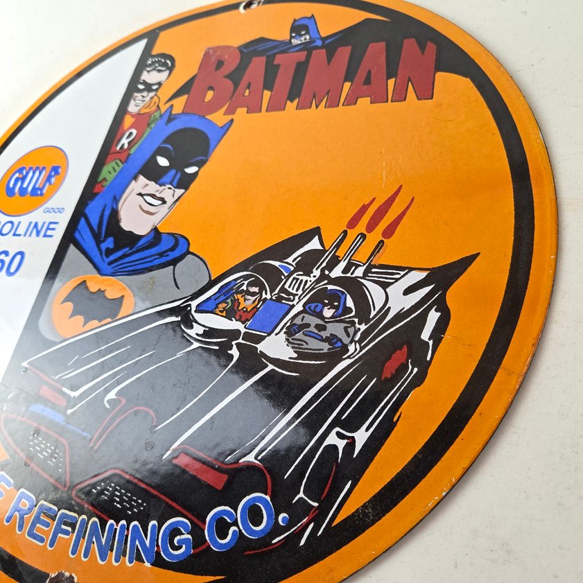 Vintage Gulf Gasoline Sign - Batman Robin Porcelain Gas Pump Sign - Image 12