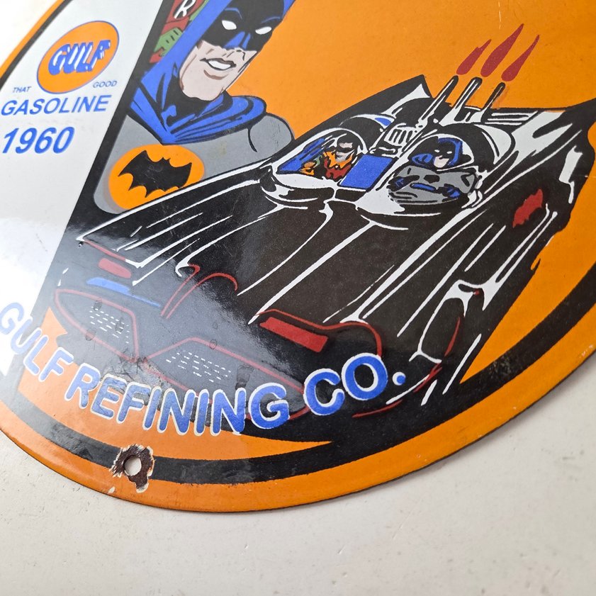 Vintage Gulf Gasoline Sign - Batman Robin Porcelain Gas Pump Sign - Image 13