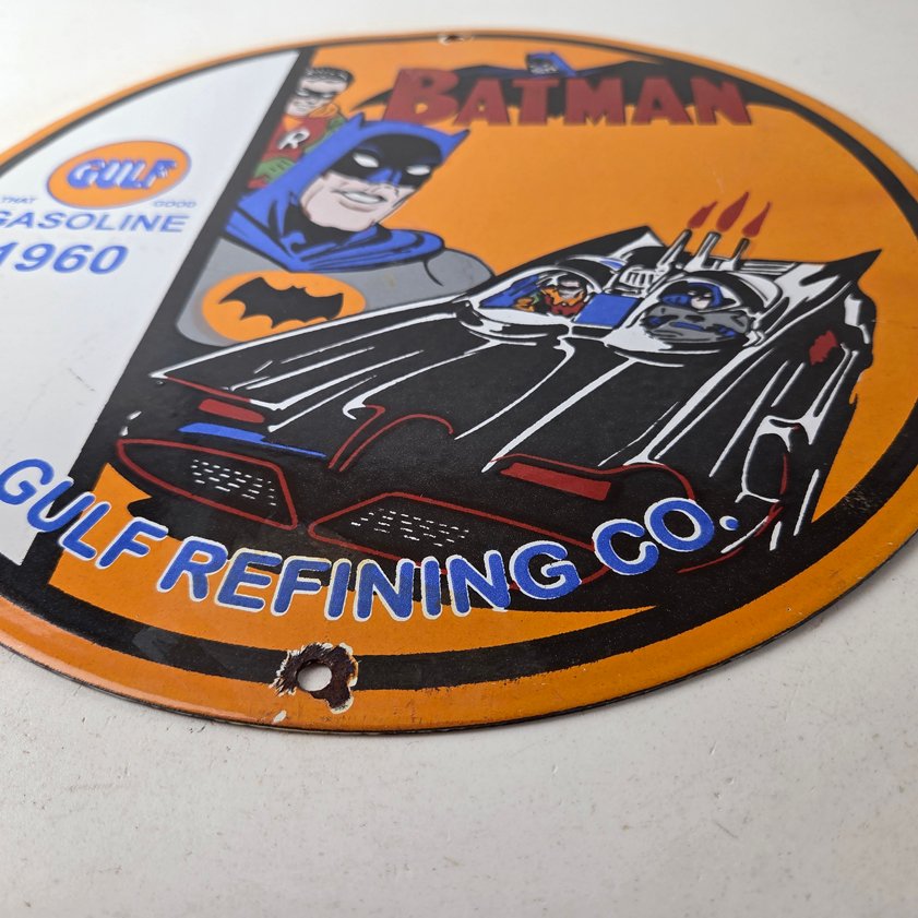Vintage Gulf Gasoline Sign - Batman Robin Porcelain Gas Pump Sign - Image 9