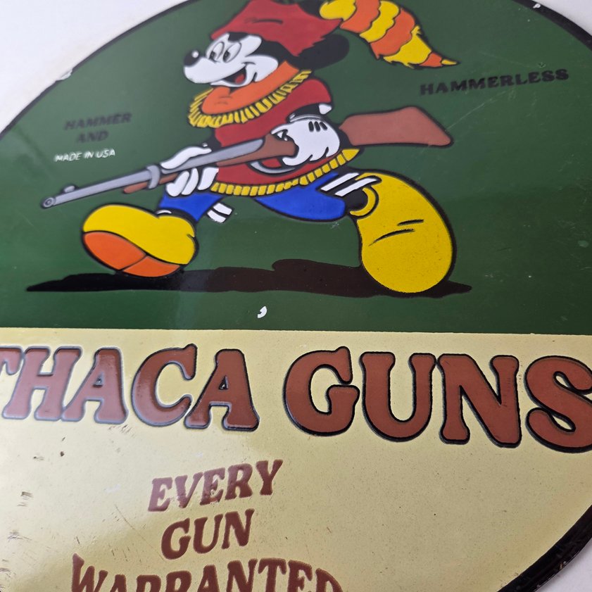 Vintage Ithaca Guns Sign - Mickey Mouse Firearm Advertisement Porcelain Gas Sign - Image 3