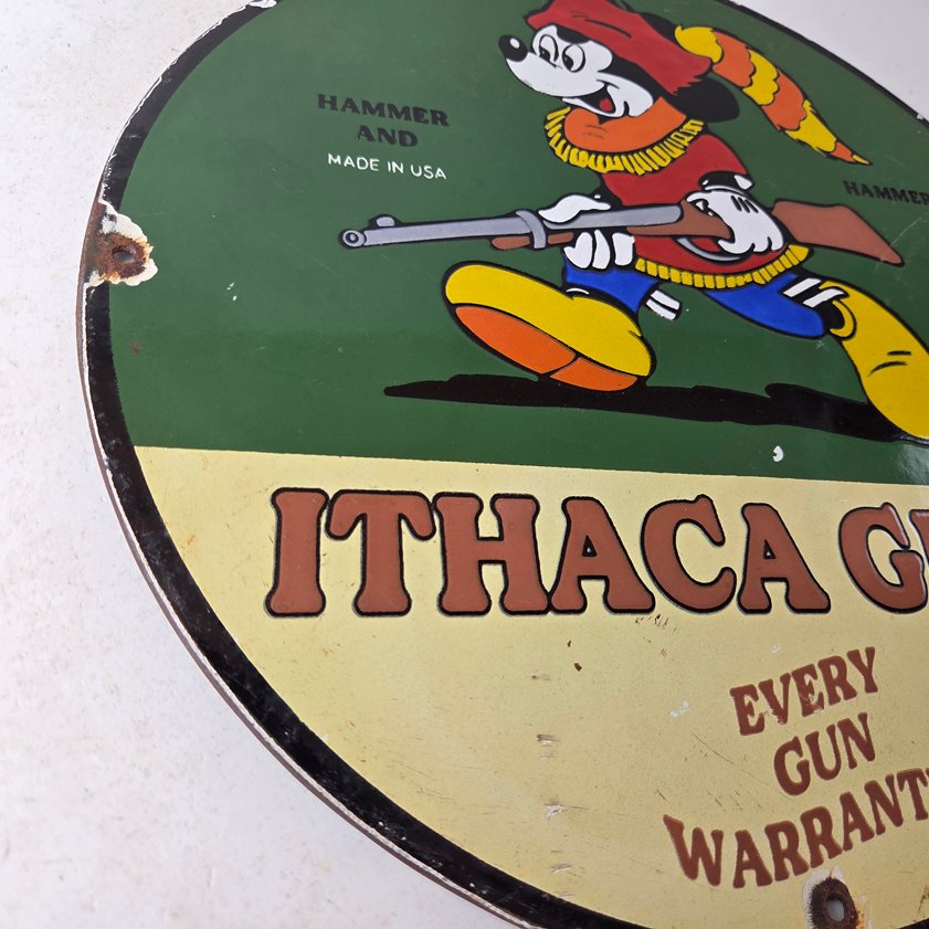 Vintage Ithaca Guns Sign - Mickey Mouse Firearm Advertisement Porcelain Gas Sign - Image 9