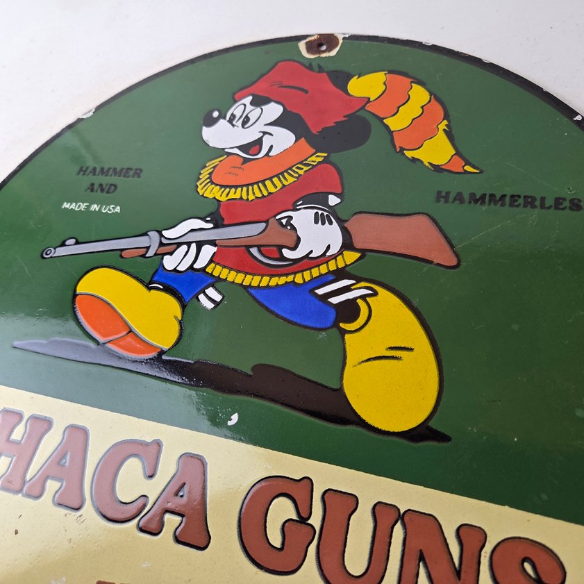 Vintage Ithaca Guns Sign - Mickey Mouse Firearm Advertisement Porcelain Gas Sign - Image 11
