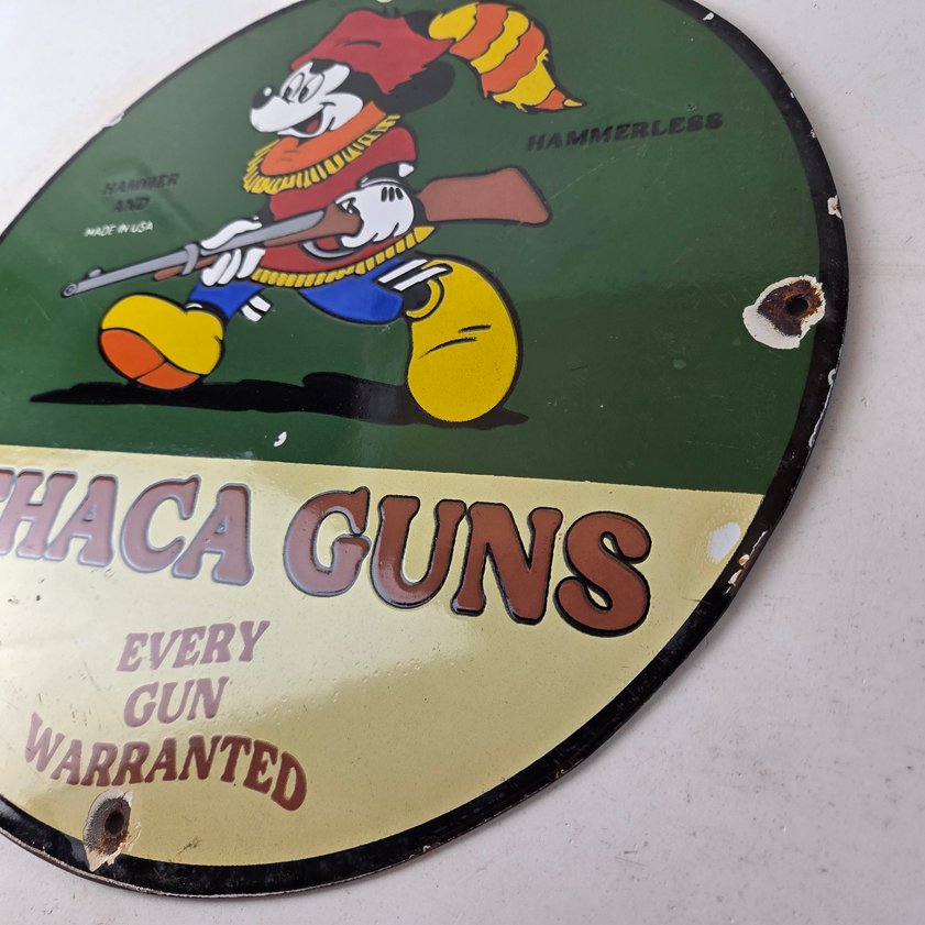 Vintage Ithaca Guns Sign - Mickey Mouse Firearm Advertisement Porcelain Gas Sign - Image 12