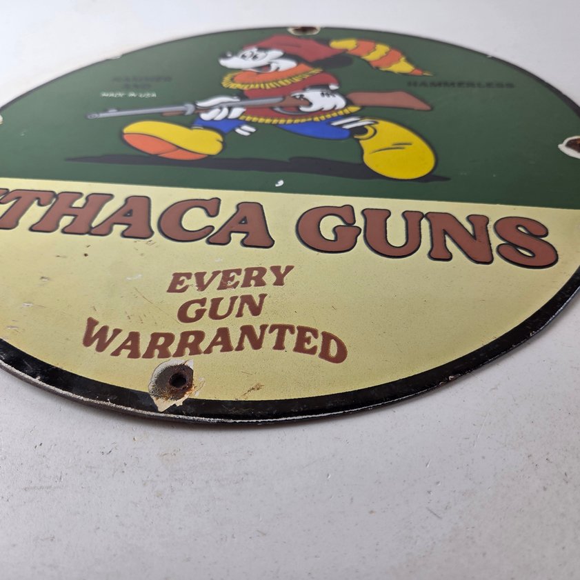 Vintage Ithaca Guns Sign - Mickey Mouse Firearm Advertisement Porcelain Gas Sign - Image 8