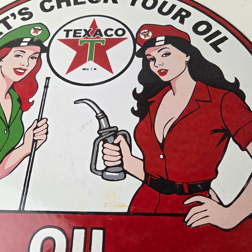 Vintage Texaco Gasoline Sign - Lets Check Gas Attendants Porcelain Pump Sign - Image 2