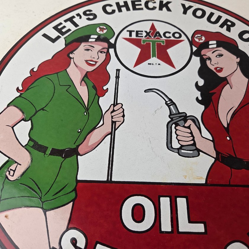 Vintage Texaco Gasoline Sign - Lets Check Gas Attendants Porcelain Pump Sign - Image 3