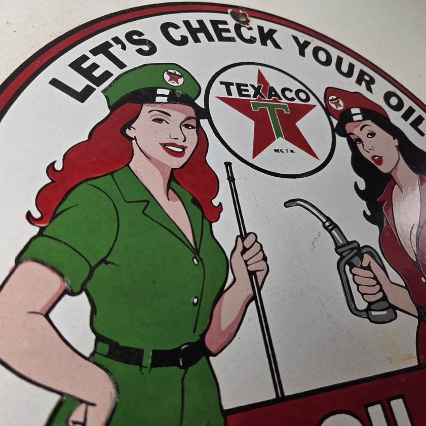 Vintage Texaco Gasoline Sign - Lets Check Gas Attendants Porcelain Pump Sign - Image 4