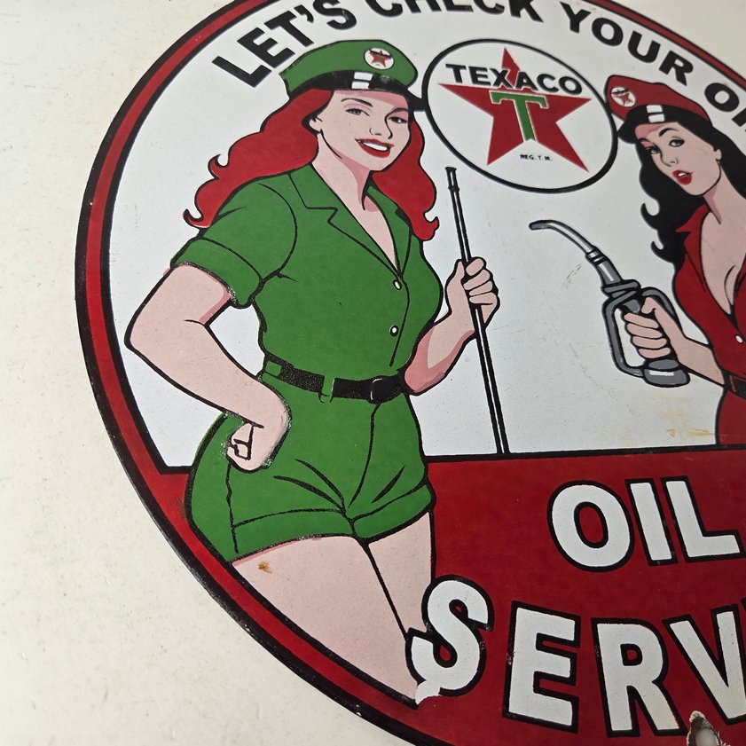Vintage Texaco Gasoline Sign - Lets Check Gas Attendants Porcelain Pump Sign - Image 5